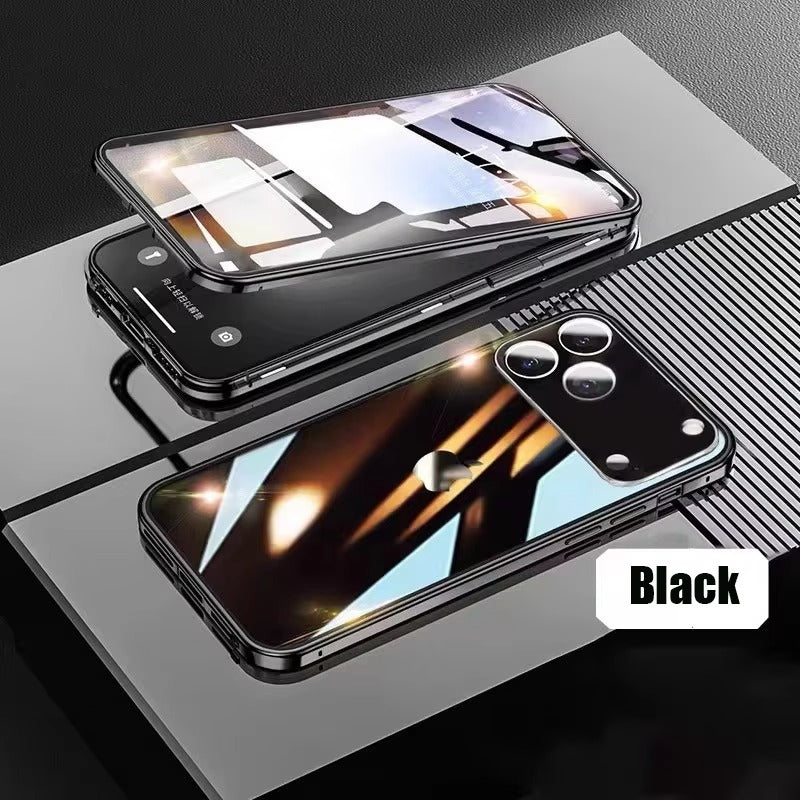 Luxury iPhone Case — 360° Full Protection Double-Sided Magnetic Glass with Aluminum Alloy Frame, Snap-Lock Bumper Cover, Shockproof, Anti-Scratch Design