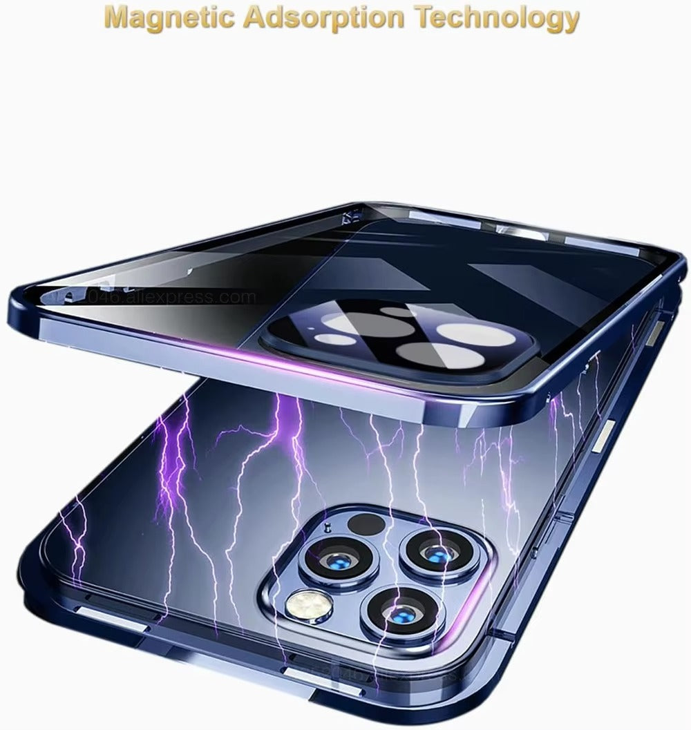 Luxury iPhone Case — 360° Full Protection Double-Sided Magnetic Glass with Aluminum Alloy Frame, Snap-Lock Bumper Cover, Shockproof, Anti-Scratch Design