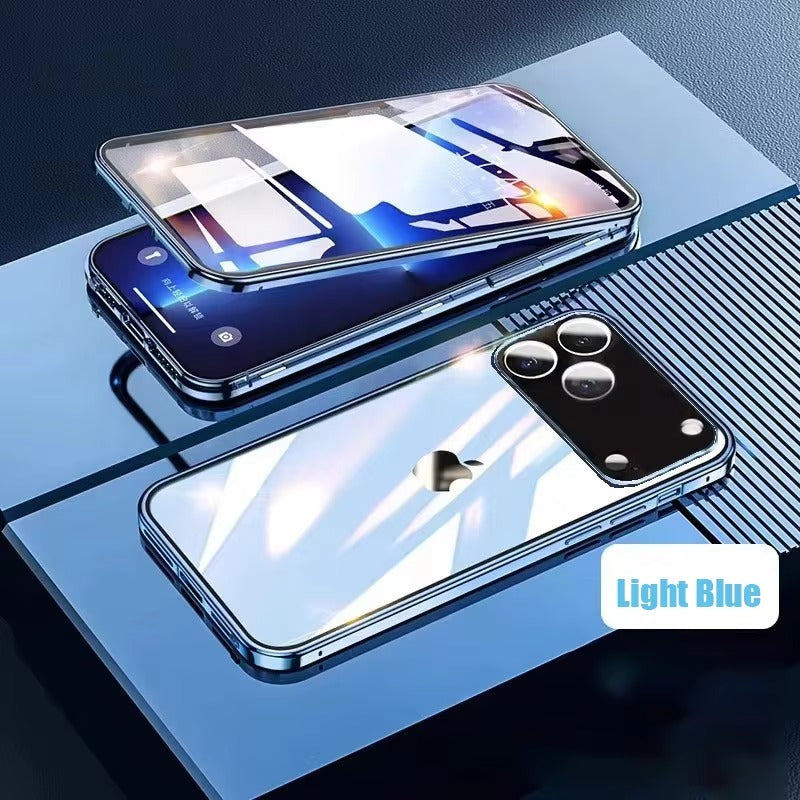 Luxury iPhone Case — 360° Full Protection Double-Sided Magnetic Glass with Aluminum Alloy Frame, Snap-Lock Bumper Cover, Shockproof, Anti-Scratch Design