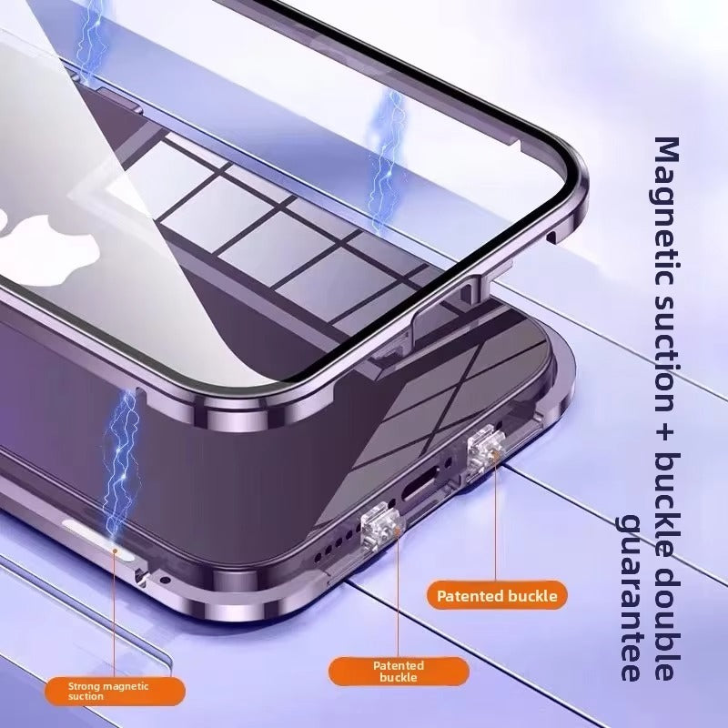 Luxury iPhone Case — 360° Full Protection Double-Sided Magnetic Glass with Aluminum Alloy Frame, Snap-Lock Bumper Cover, Shockproof, Anti-Scratch Design
