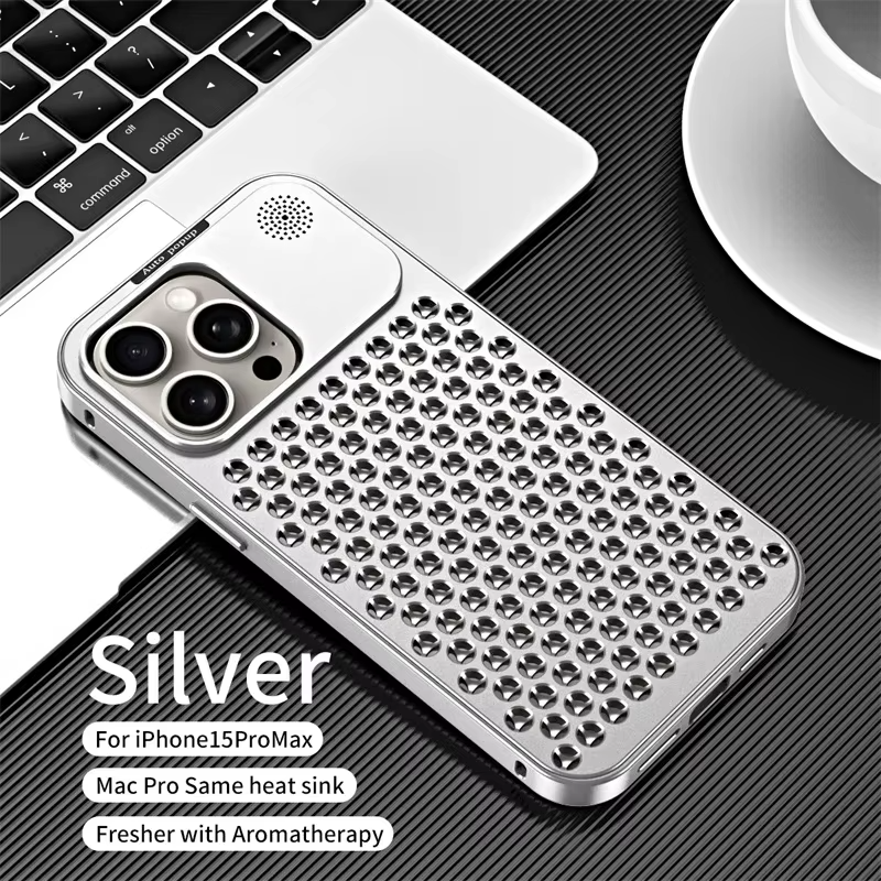 Luxury Aluminum Alloy iPhone Case — Full Coverage Shockproof Cooling Design with Aromatherapy Diffuser, Matte Anti-Fingerprint Finish, Non-Slip