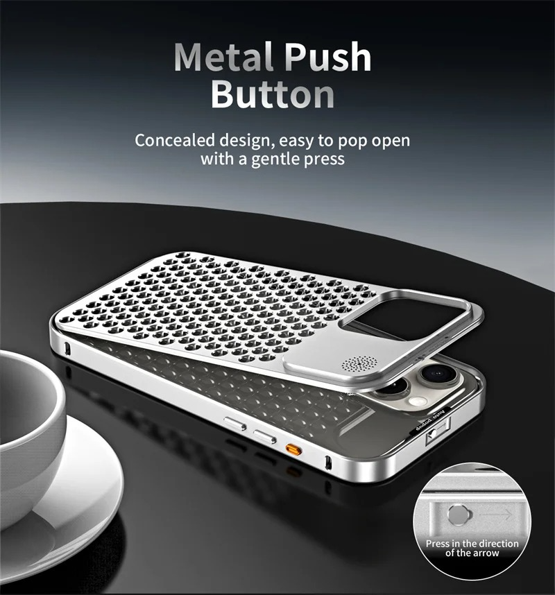 Luxury Aluminum Alloy iPhone Case — Full Coverage Shockproof Cooling Design with Aromatherapy Diffuser, Matte Anti-Fingerprint Finish, Non-Slip