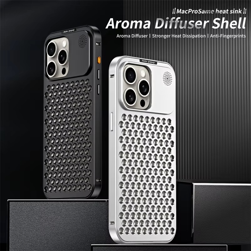 Luxury Aluminum Alloy iPhone Case — Full Coverage Shockproof Cooling Design with Aromatherapy Diffuser, Matte Anti-Fingerprint Finish, Non-Slip