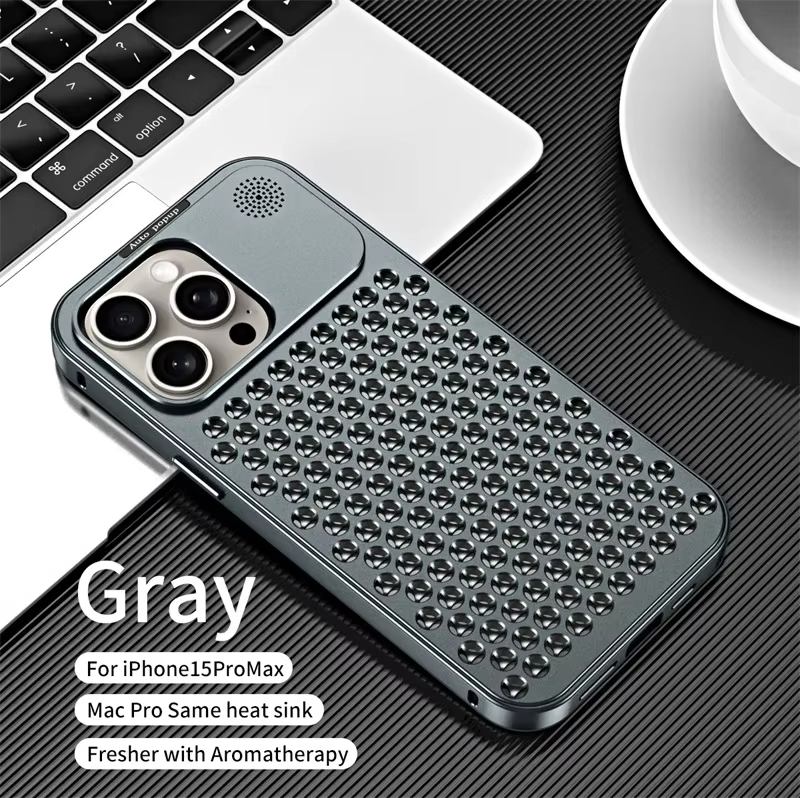 Luxury Aluminum Alloy iPhone Case — Full Coverage Shockproof Cooling Design with Aromatherapy Diffuser, Matte Anti-Fingerprint Finish, Non-Slip