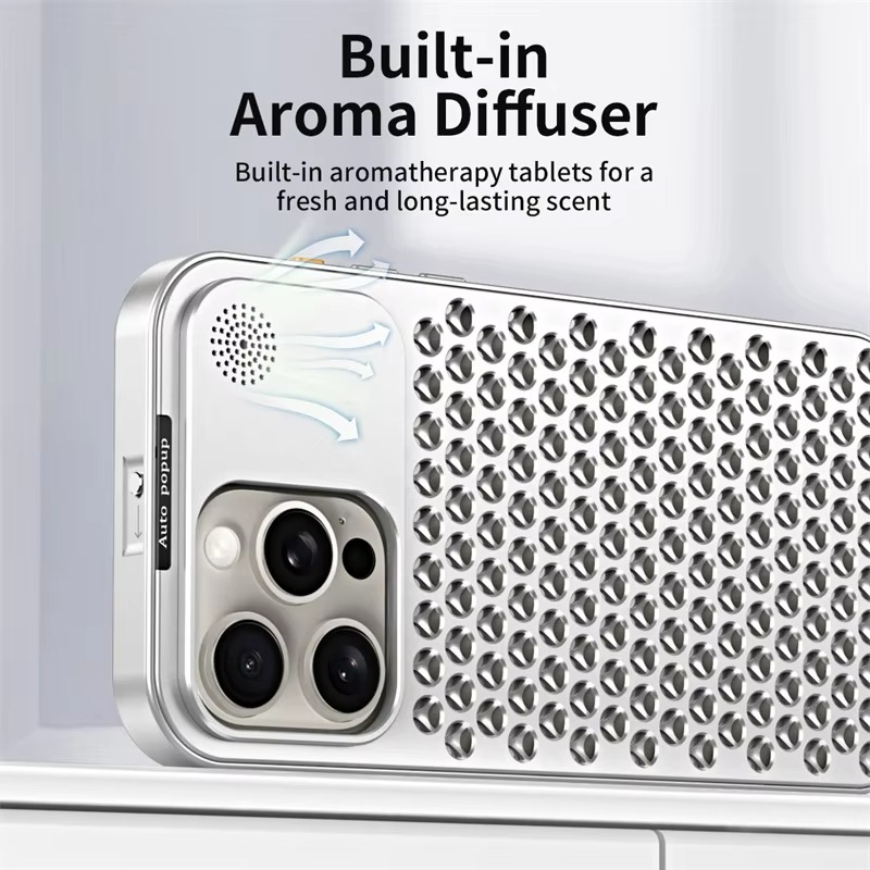 Luxury Aluminum Alloy iPhone Case — Full Coverage Shockproof Cooling Design with Aromatherapy Diffuser, Matte Anti-Fingerprint Finish, Non-Slip