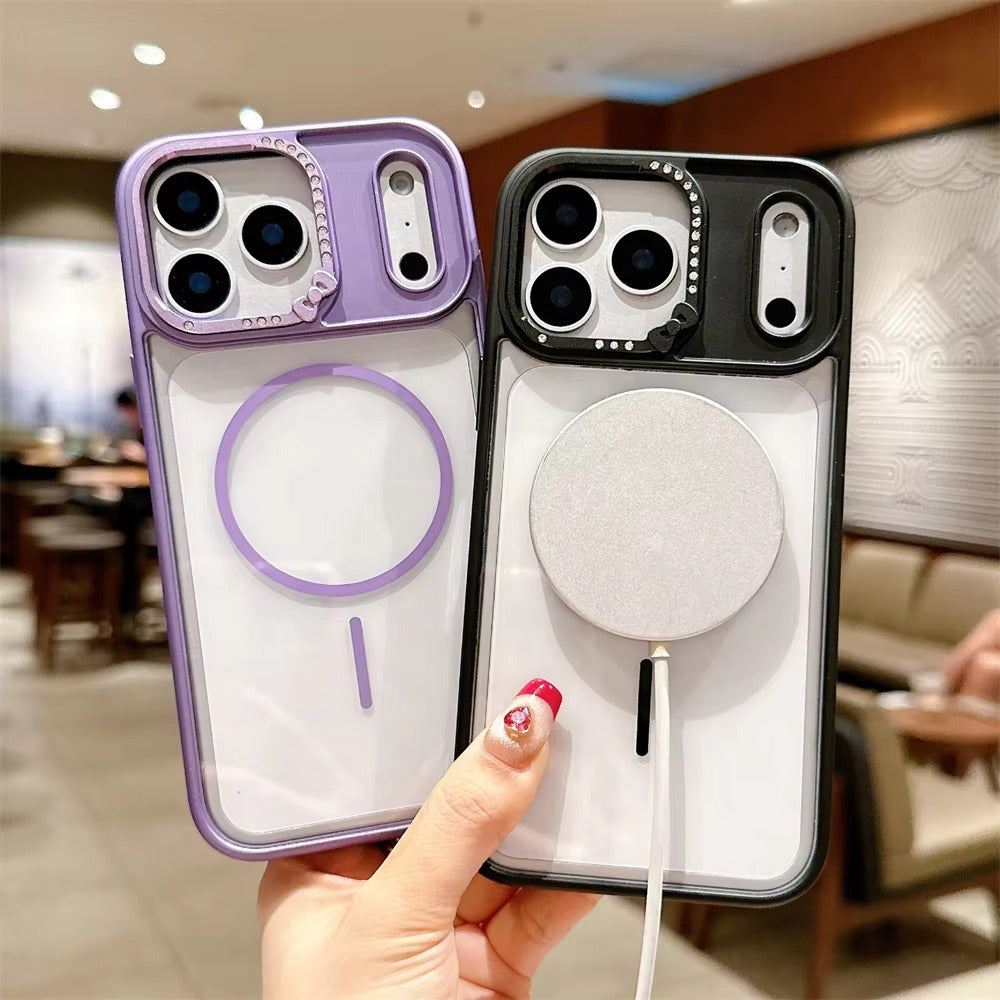 Luxury iPhone Case — Armor Magnetic Transparent Shockproof Acrylic Half-Wrapped Cover with Diamond Lens and MagSafe Wireless-Charging Compatibility