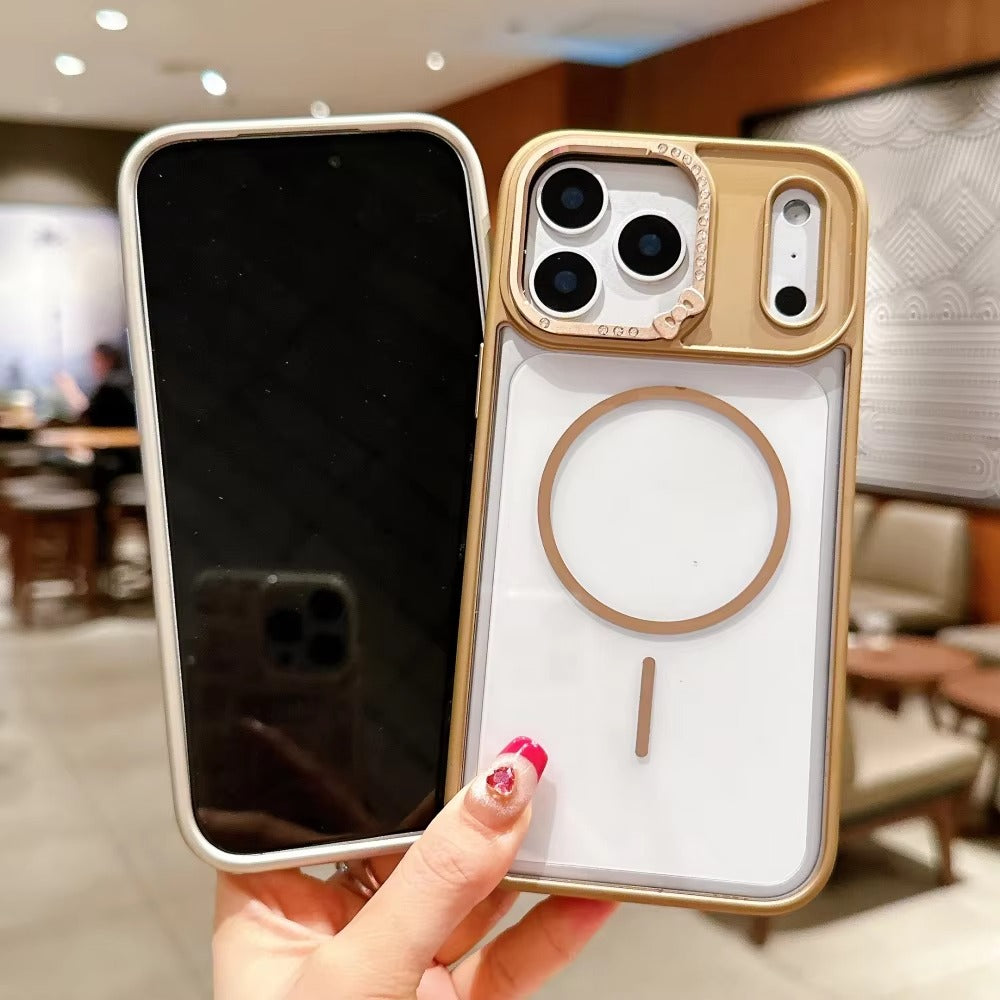 Luxury iPhone Case — Armor Magnetic Transparent Shockproof Acrylic Half-Wrapped Cover with Diamond Lens and MagSafe Wireless-Charging Compatibility