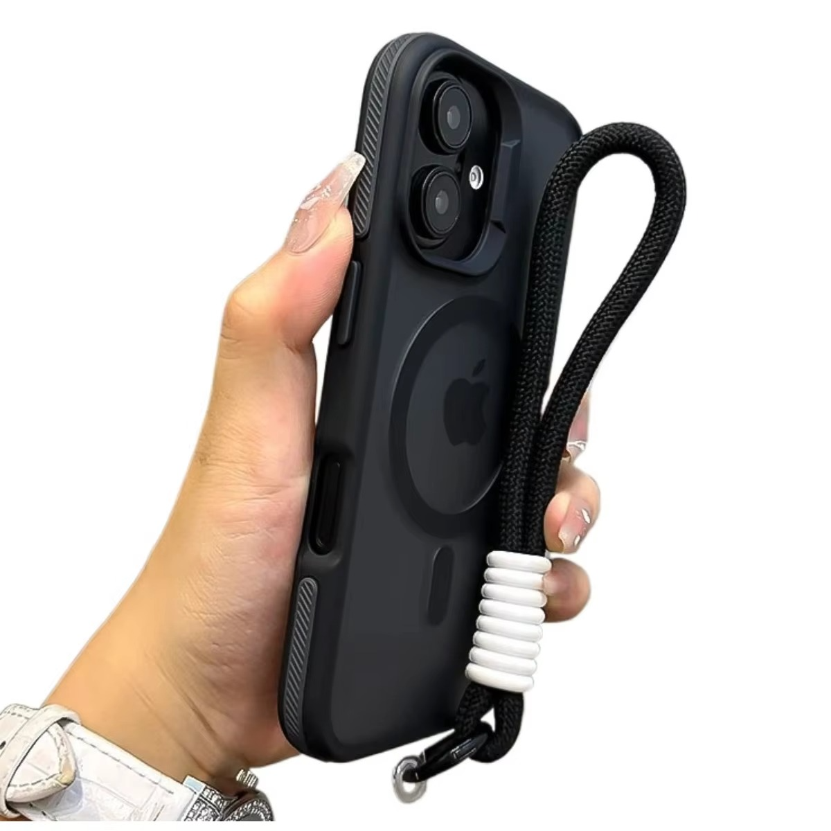 Luxury Dual-Color Magnetic iPhone Case — Magsafe Compatible Half-Wrapped Cover with Wrist Strap, Shockproof, Anti-Fingerprint, Non-Slip, Matte Finish