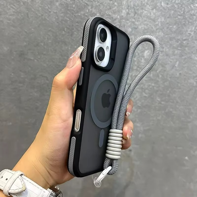 Luxury Dual-Color Magnetic iPhone Case — Magsafe Compatible Half-Wrapped Cover with Wrist Strap, Shockproof, Anti-Fingerprint, Non-Slip, Matte Finish