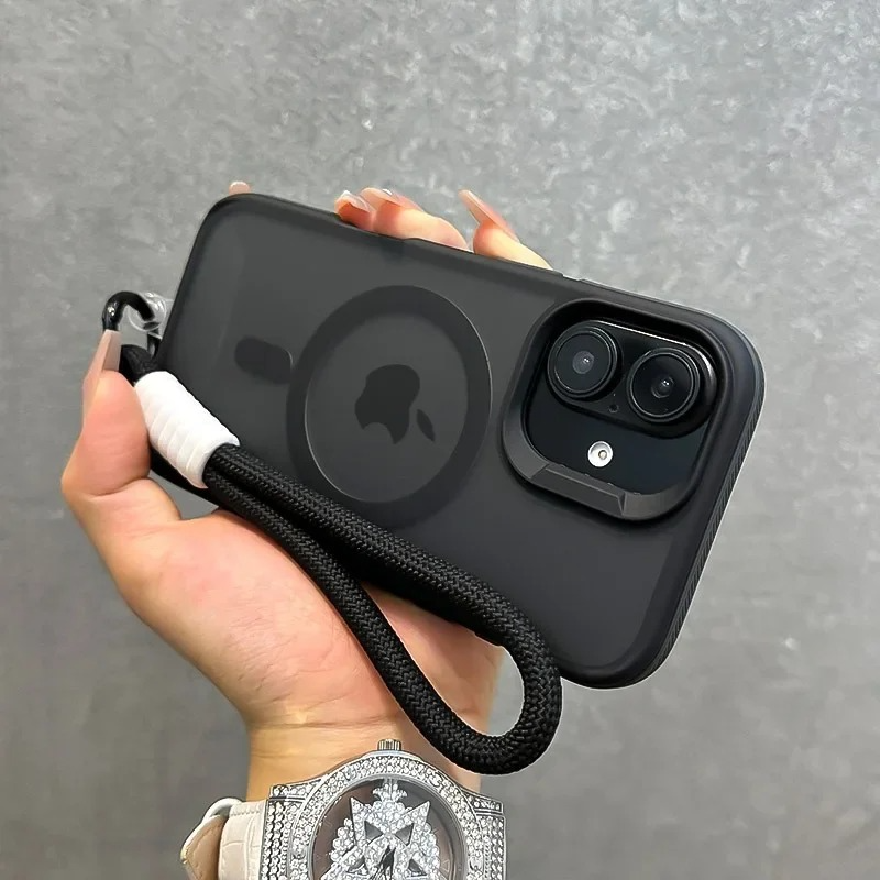 Luxury Dual-Color Magnetic iPhone Case — Magsafe Compatible Half-Wrapped Cover with Wrist Strap, Shockproof, Anti-Fingerprint, Non-Slip, Matte Finish