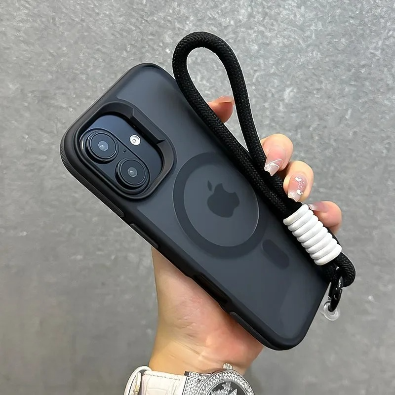 Luxury Dual-Color Magnetic iPhone Case — Magsafe Compatible Half-Wrapped Cover with Wrist Strap, Shockproof, Anti-Fingerprint, Non-Slip, Matte Finish