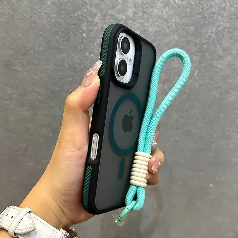 Luxury Dual-Color Magnetic iPhone Case — Magsafe Compatible Half-Wrapped Cover with Wrist Strap, Shockproof, Anti-Fingerprint, Non-Slip, Matte Finish