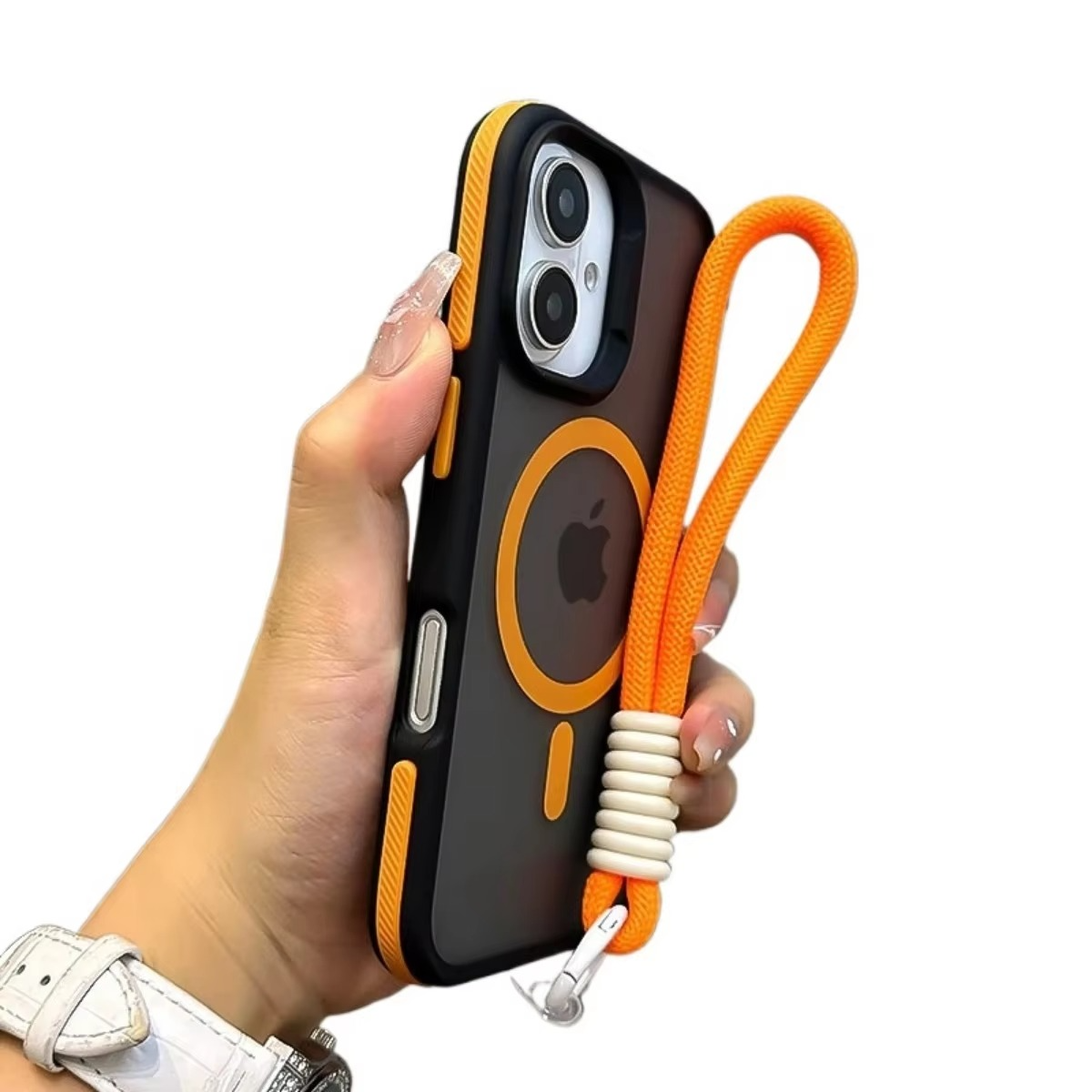 Luxury Dual-Color Magnetic iPhone Case — Magsafe Compatible Half-Wrapped Cover with Wrist Strap, Shockproof, Anti-Fingerprint, Non-Slip, Matte Finish