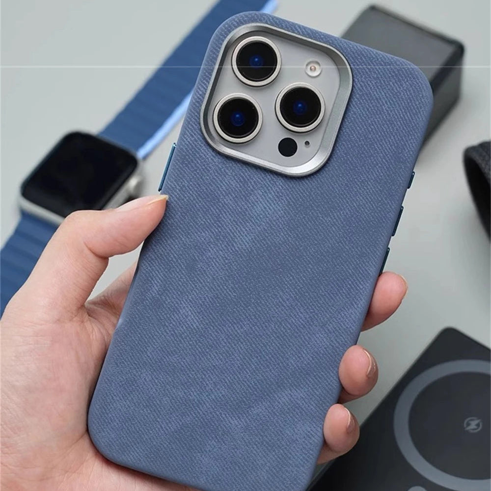 Luxury Fiber Leather iPhone Case — Full Coverage MagSafe Compatible, Shockproof, Anti-Fingerprint, Anti-Scratch, Dustproof, Non-Slip, Wireless Charging