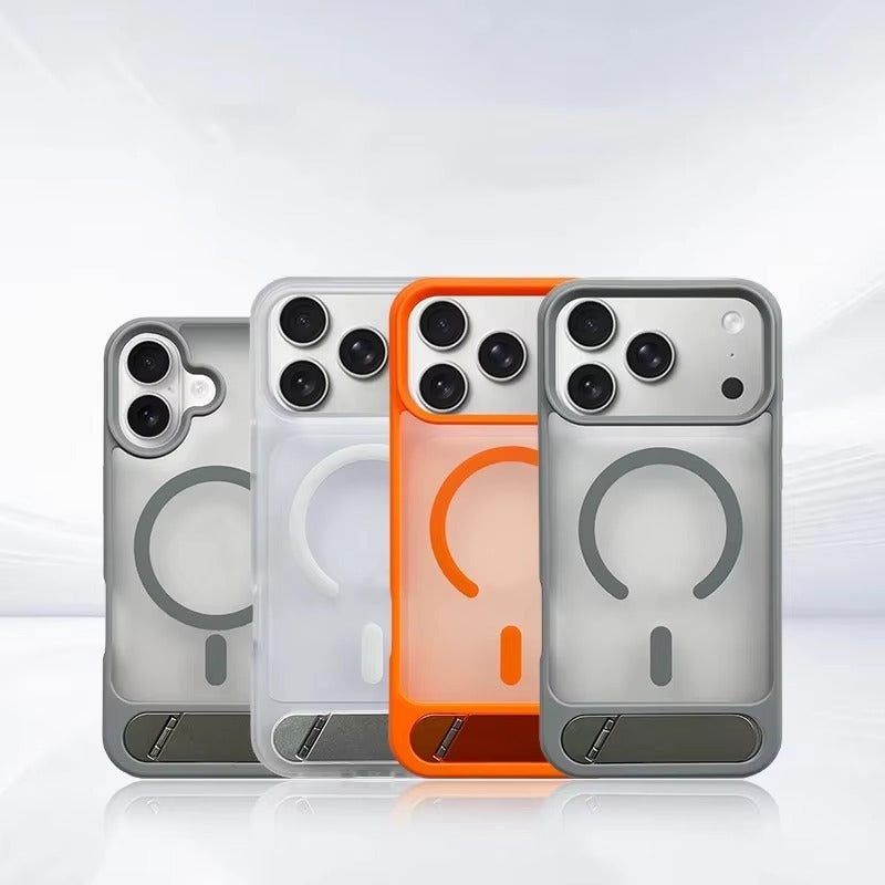 Luxury iPhone Case — Foldable Magnetic MagSafe Compatible Half-Wrapped PC Cover with Matte Finish, Shockproof, Anti-Fingerprint, Stand Holder, Non-Slip Design