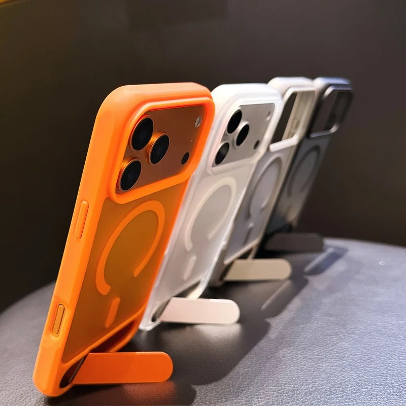 Luxury iPhone Case — Foldable Magnetic MagSafe Compatible Half-Wrapped PC Cover with Matte Finish, Shockproof, Anti-Fingerprint, Stand Holder, Non-Slip Design