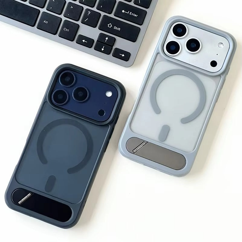 Luxury iPhone Case — Foldable Magnetic MagSafe Compatible Half-Wrapped PC Cover with Matte Finish, Shockproof, Anti-Fingerprint, Stand Holder, Non-Slip Design