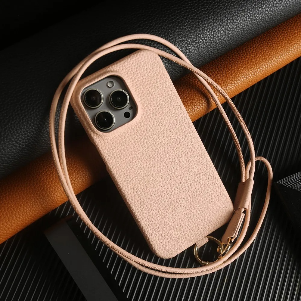 Luxury Genuine Leather iPhone Case — Cowhide Half-Wrapped Cover with Crossbody Strap, Anti-Scratch, Dustproof, Non-Slip Protective Shell