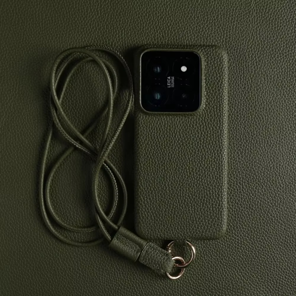 Luxury Genuine Leather iPhone Case — Cowhide Half-Wrapped Cover with Crossbody Strap, Anti-Scratch, Dustproof, Non-Slip Protective Shell