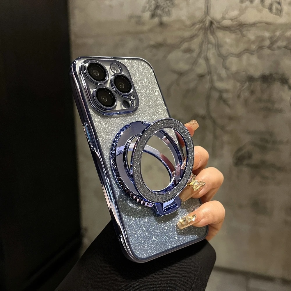 Luxury Glitter Gradient iPhone Case — MagSafe Compatible Half-Wrapped Cover with Mirror Finish, Stand Bracket, Shockproof, Anti-Fingerprint, Anti-Scratch