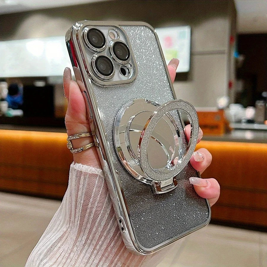 Luxury Glitter Gradient iPhone Case — MagSafe Compatible Half-Wrapped Cover with Mirror Finish, Stand Bracket, Shockproof, Anti-Fingerprint, Anti-Scratch