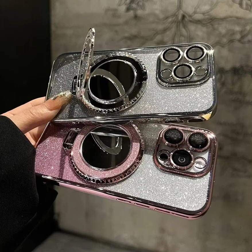 Luxury Glitter Gradient iPhone Case — MagSafe Compatible Half-Wrapped Cover with Mirror Finish, Stand Bracket, Shockproof, Anti-Fingerprint, Anti-Scratch