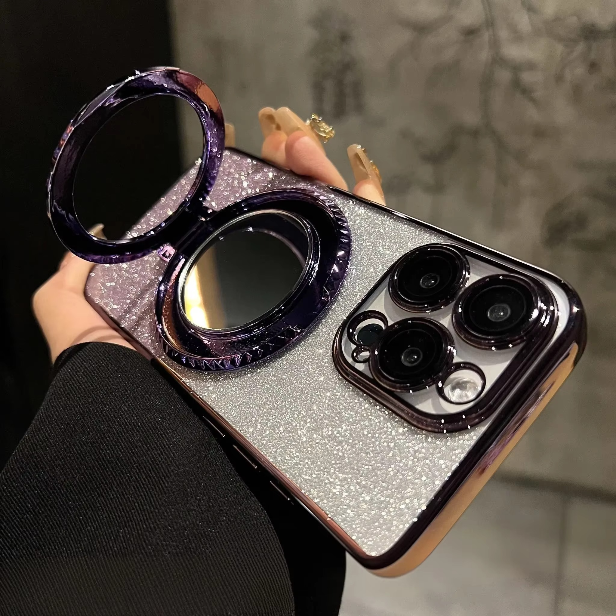 Luxury Glitter Gradient iPhone Case — MagSafe Compatible Half-Wrapped Cover with Mirror Finish, Stand Bracket, Shockproof, Anti-Fingerprint, Anti-Scratch