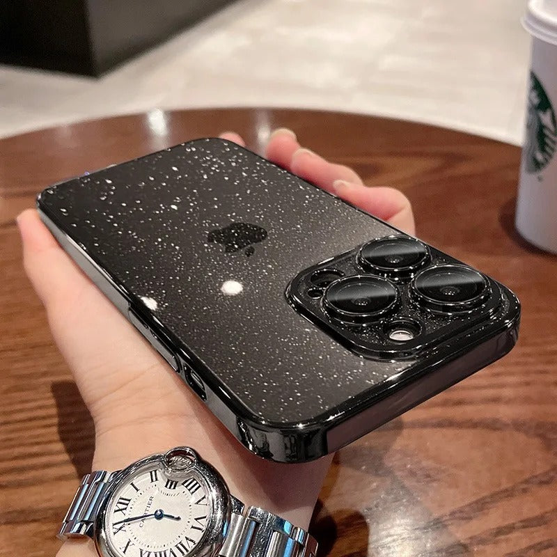 Luxury Glitter Transparent iPhone Case — Slim Hard PC Cover with Anti-Fingerprint, Anti-Scratch, Dustproof, Non-Slip Design, Clear Plating Camera Protection