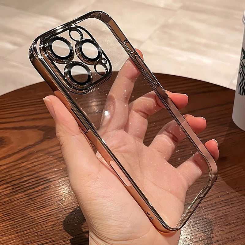 Luxury Glitter Transparent iPhone Case — Slim Hard PC Cover with Anti-Fingerprint, Anti-Scratch, Dustproof, Non-Slip Design, Clear Plating Camera Protection