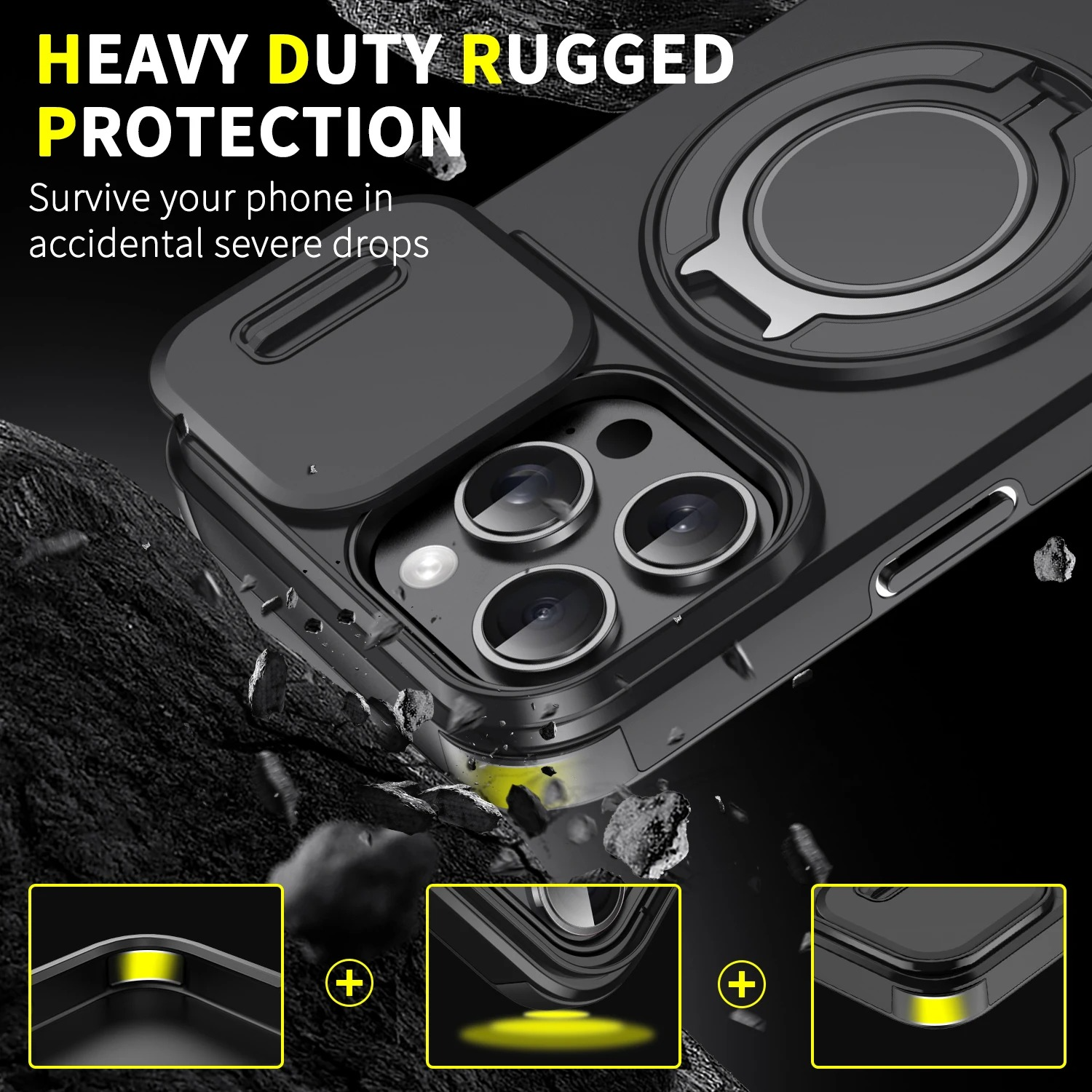 Luxury Heavy Duty Rugged iPhone Case — Magnetic Bracket, Shockproof Armor, Slide Camera Protection, PC + TPU, Anti-Fingerprint, Non-Slip