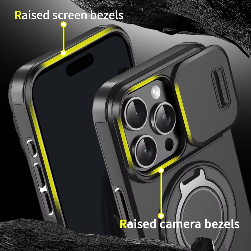 Luxury Heavy Duty Rugged iPhone Case — Magnetic Bracket, Shockproof Armor, Slide Camera Protection, PC + TPU, Anti-Fingerprint, Non-Slip