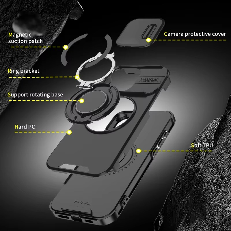 Luxury Heavy Duty Rugged iPhone Case — Magnetic Bracket, Shockproof Armor, Slide Camera Protection, PC + TPU, Anti-Fingerprint, Non-Slip