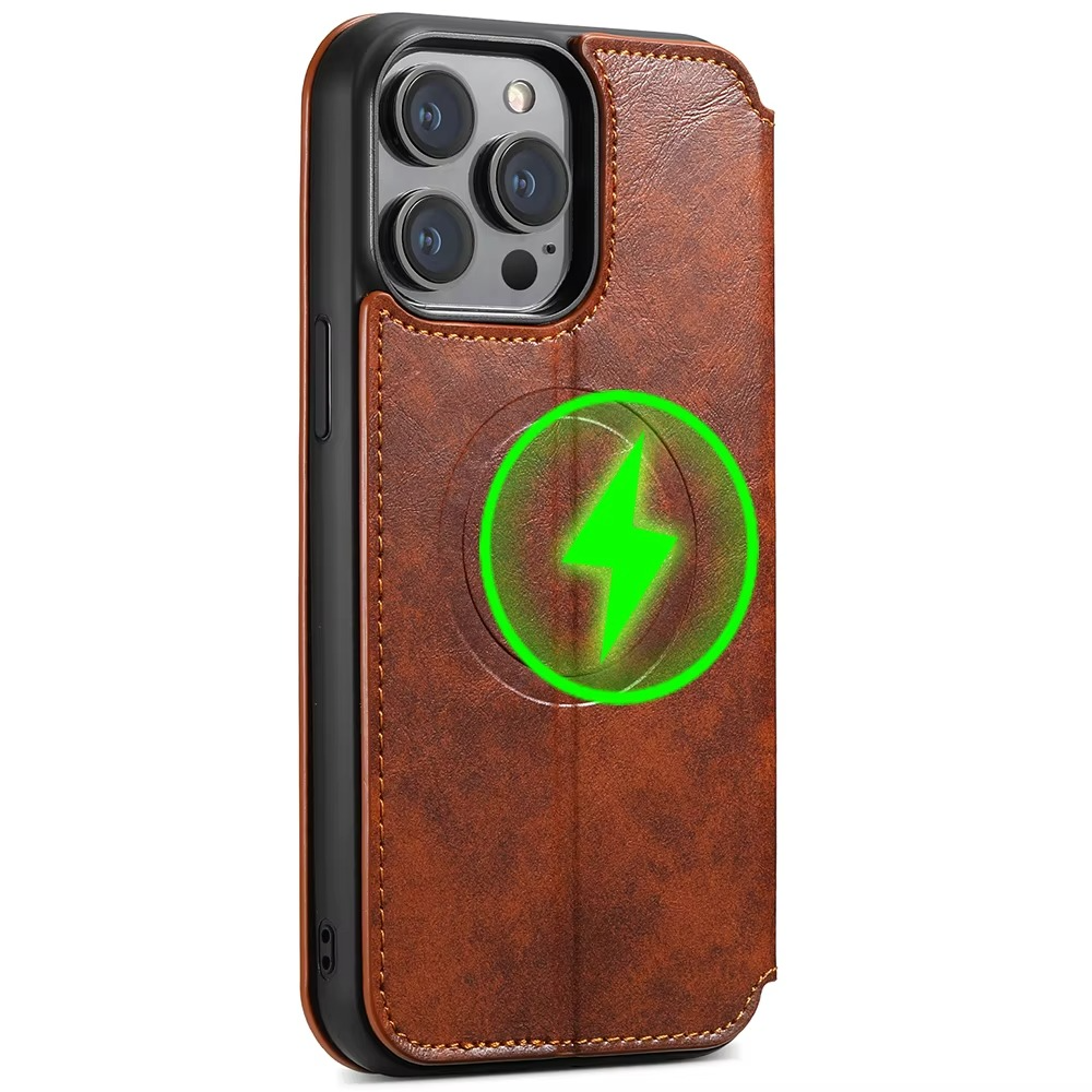 Luxury Leather Flip Wallet Phone Case for iPhone — Magnetic, Wireless Charging Compatible, Anti-Fingerprint, Dustproof, Card Holder, Kickstand, Non-Slip