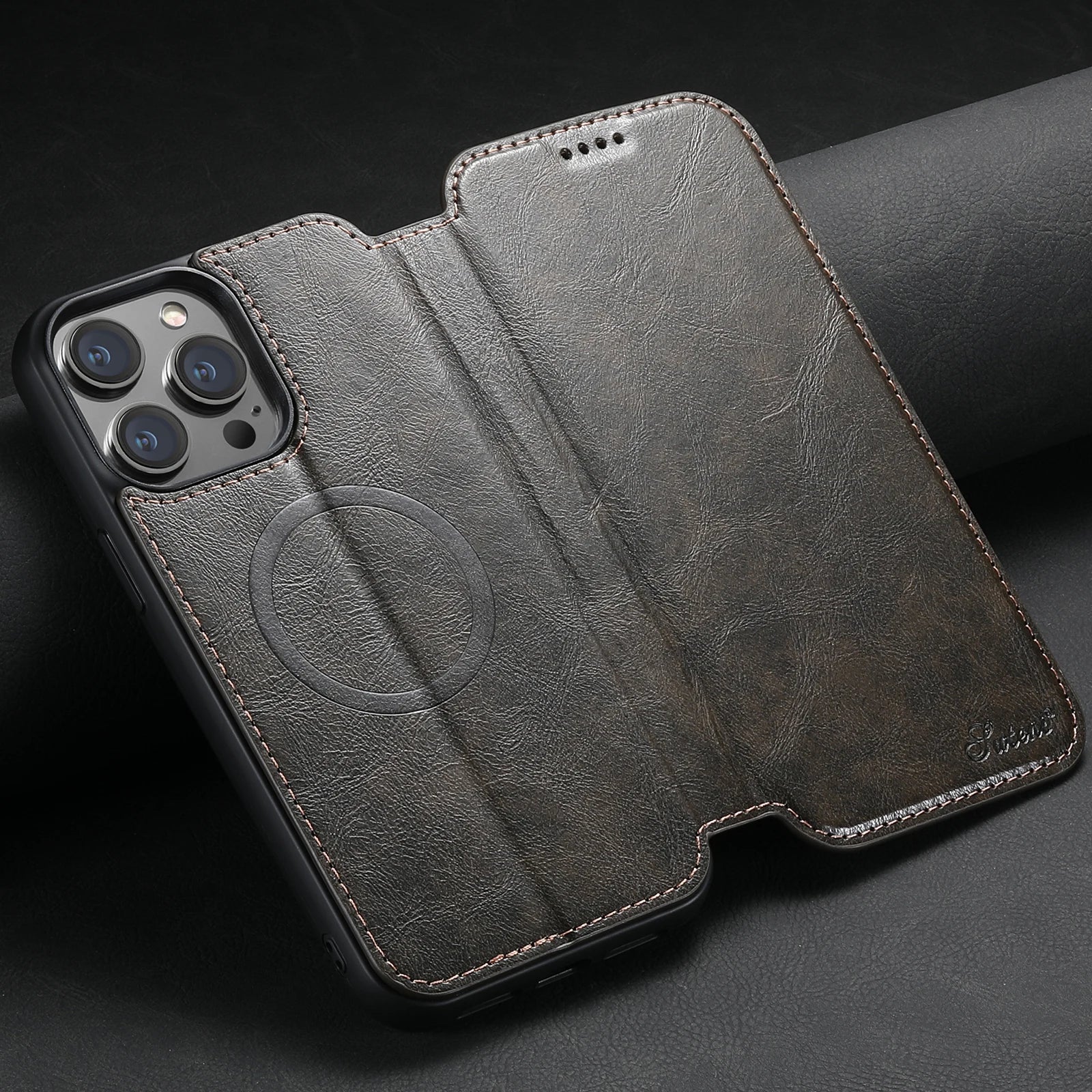 Luxury Leather Flip Wallet Phone Case for iPhone — Magnetic, Wireless Charging Compatible, Anti-Fingerprint, Dustproof, Card Holder, Kickstand, Non-Slip