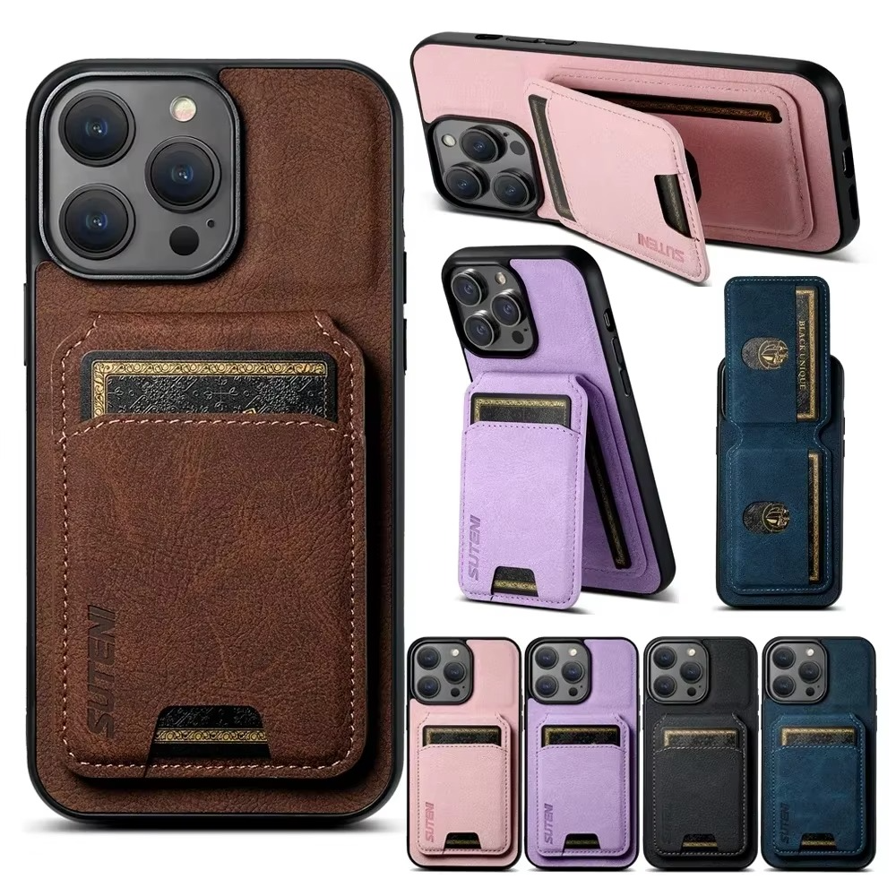 Luxury iPhone Case — Leather Wallet Magnetic Card Holder Pocket Cover, Anti-Scratch, Non-Slip, Full Protection, Plain Design