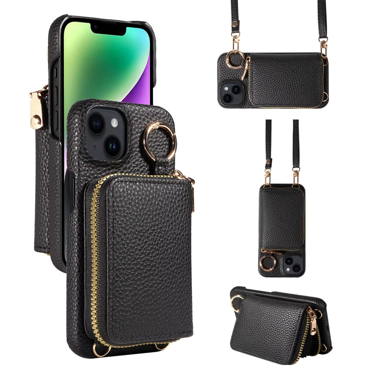 Luxury Leather Wallet iPhone Case — PU Leather Cover with Card Slots, Lanyard Strap, Shockproof Anti-Scratch Design, Lightweight and Dustproof