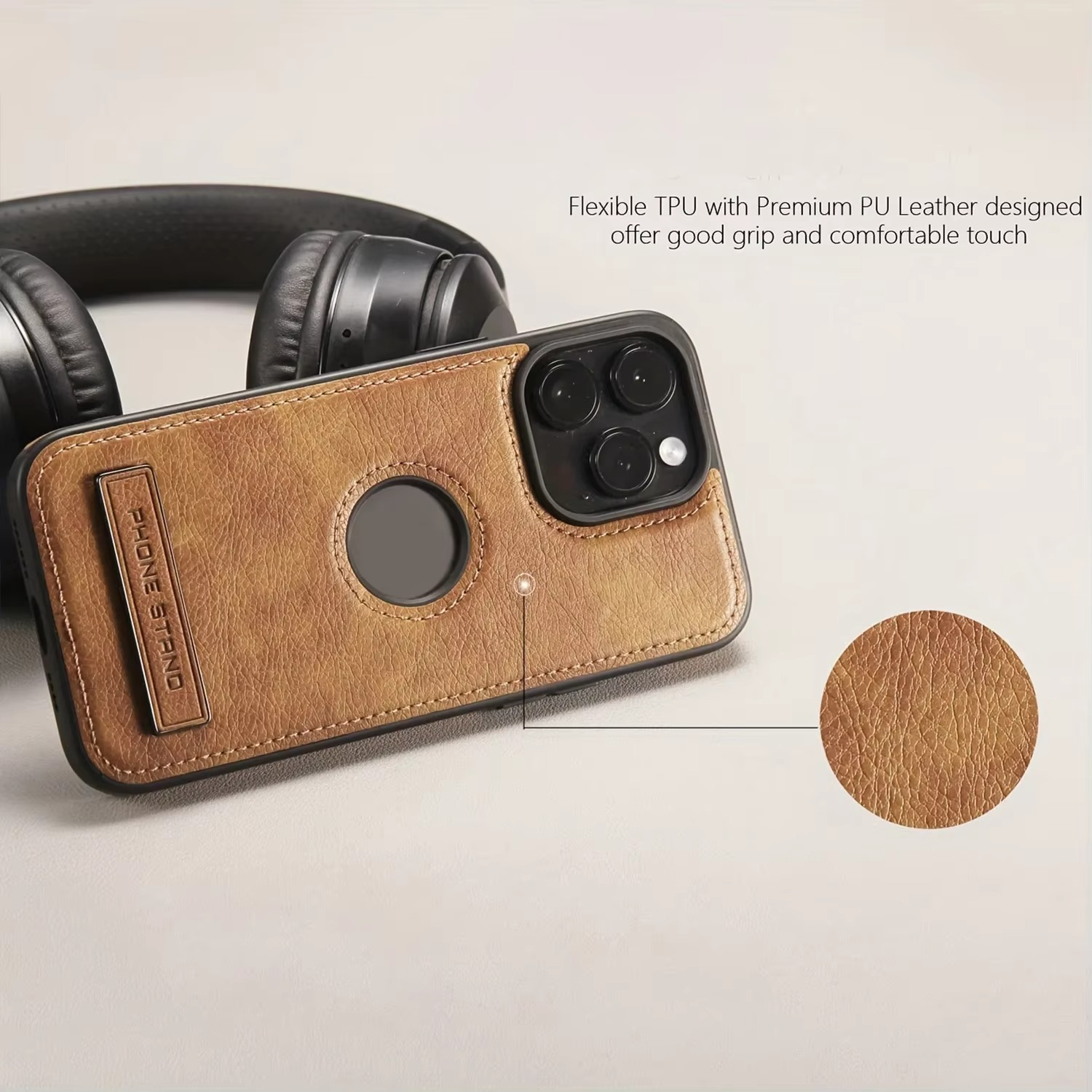 Luxury Leather iPhone Case — Kickstand Half-Wrapped Shockproof Cover, Anti-Scratch, Plain Design, Full Protection, Premium PU Leather