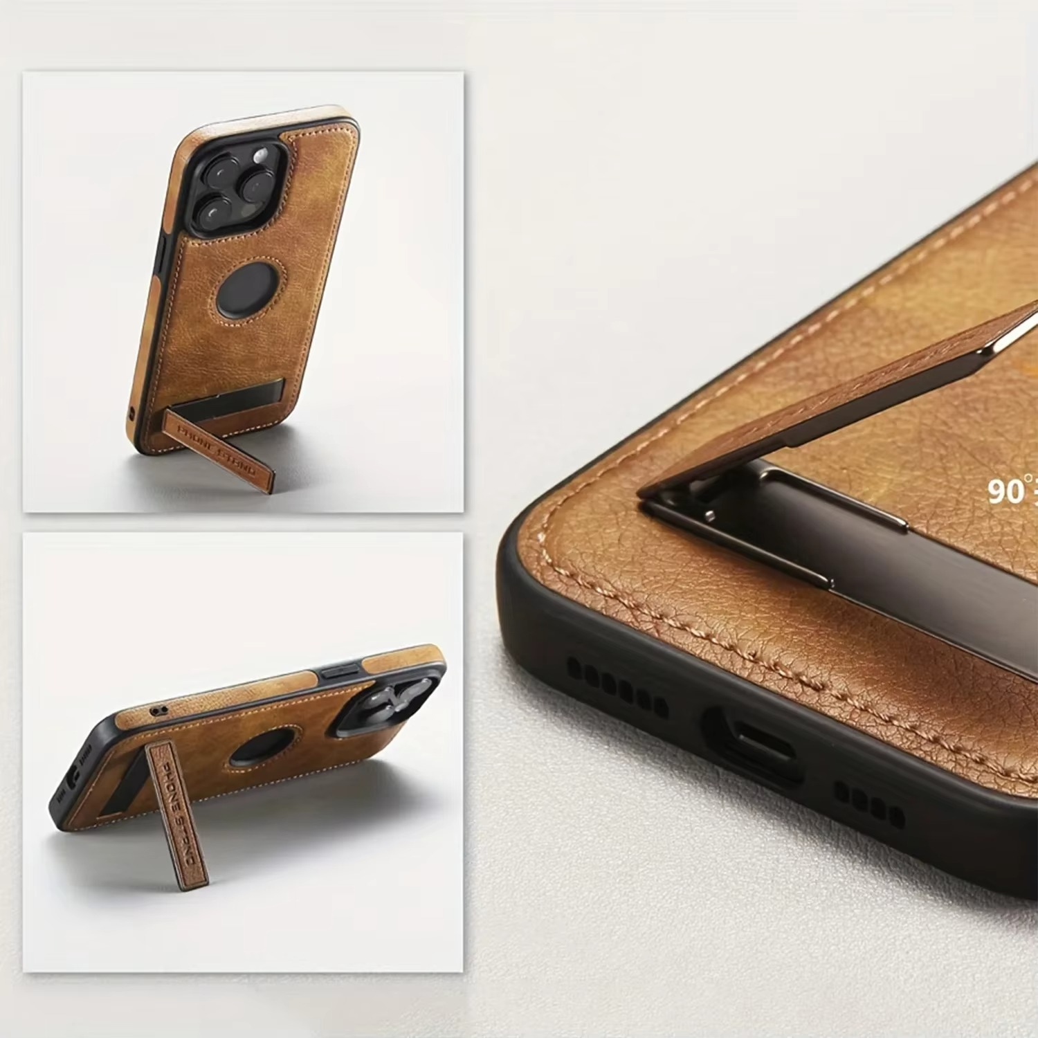 Luxury Leather iPhone Case — Kickstand Half-Wrapped Shockproof Cover, Anti-Scratch, Plain Design, Full Protection, Premium PU Leather