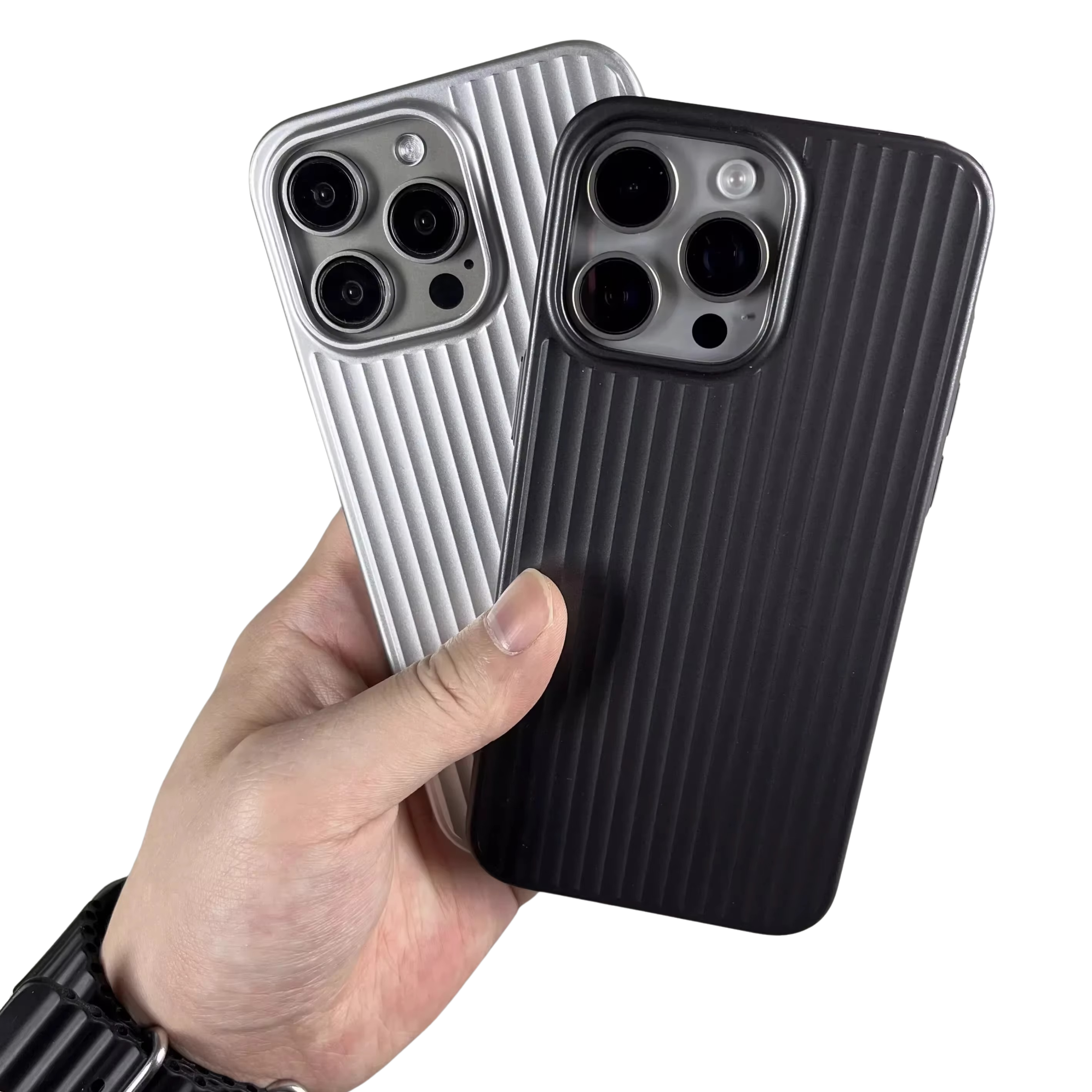 Luxury Luggage Style iPhone Case — Half-Wrapped Hard PC Cover with Plating Wave Design, Shockproof, Anti-Fingerprint, Anti-Scratch, Matte Finish