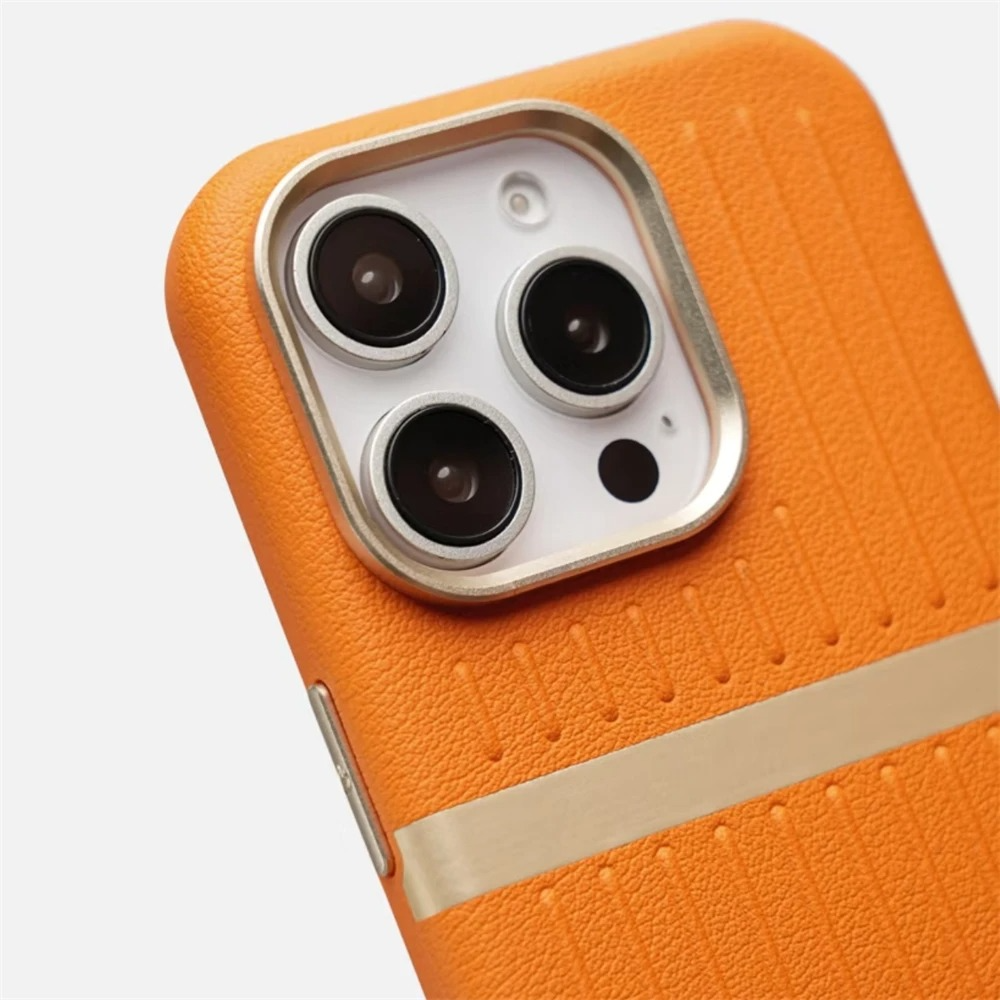 Luxury MagSafe Leather iPhone Case — 3D Stripe Shockproof Full Coverage with Alloy Lens Protection, Anti-Fingerprint Matte Texture Design