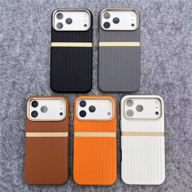 Luxury MagSafe Leather iPhone Case — 3D Stripe Shockproof Full Coverage with Alloy Lens Protection, Anti-Fingerprint Matte Texture Design