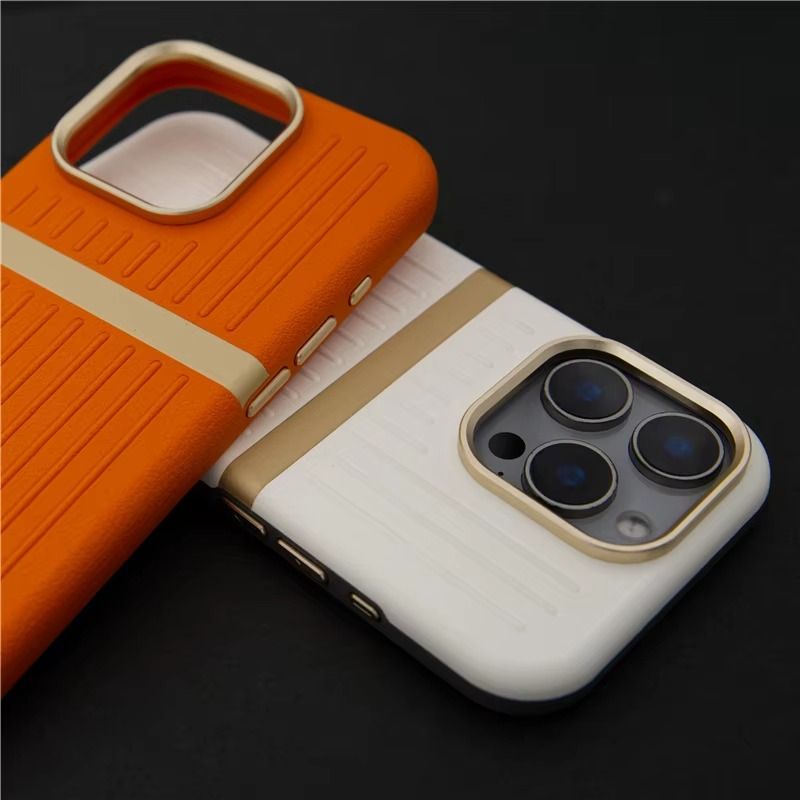 Luxury MagSafe Leather iPhone Case — 3D Stripe Shockproof Full Coverage with Alloy Lens Protection, Anti-Fingerprint Matte Texture Design