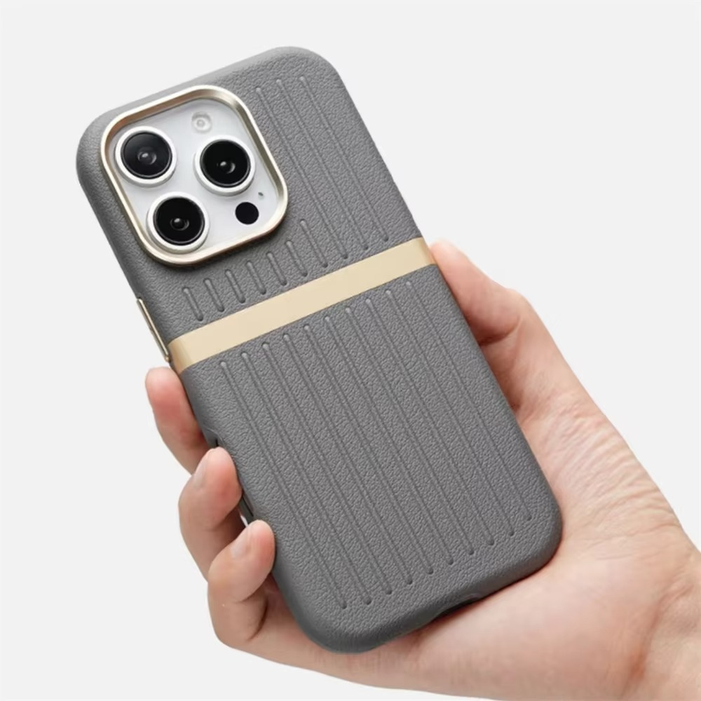 Luxury MagSafe Leather iPhone Case — 3D Stripe Shockproof Full Coverage with Alloy Lens Protection, Anti-Fingerprint Matte Texture Design
