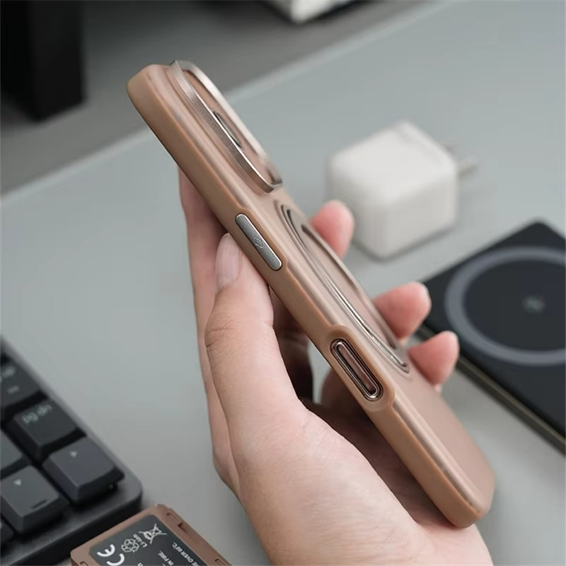 Luxury MagSafe Shockproof iPhone Case — Matte Anti-Fingerprint Plastic Cover with Corrugated Grip Stripes, 360° Rotating Metal Ring Holder, Wireless Charging Compatible