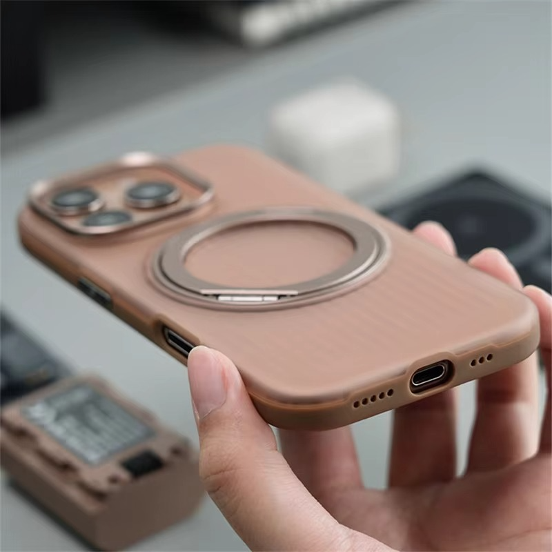 Luxury MagSafe Shockproof iPhone Case — Matte Anti-Fingerprint Plastic Cover with Corrugated Grip Stripes, 360° Rotating Metal Ring Holder, Wireless Charging Compatible