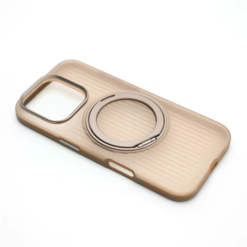 Luxury MagSafe Shockproof iPhone Case — Matte Anti-Fingerprint Plastic Cover with Corrugated Grip Stripes, 360° Rotating Metal Ring Holder, Wireless Charging Compatible