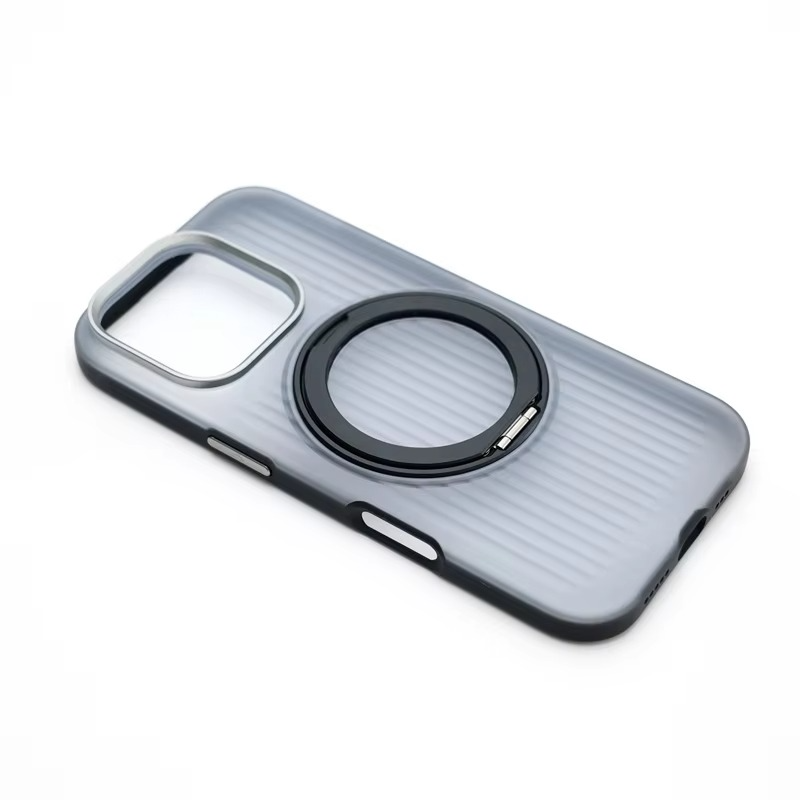 Luxury MagSafe Shockproof iPhone Case — Matte Anti-Fingerprint Plastic Cover with Corrugated Grip Stripes, 360° Rotating Metal Ring Holder, Wireless Charging Compatible