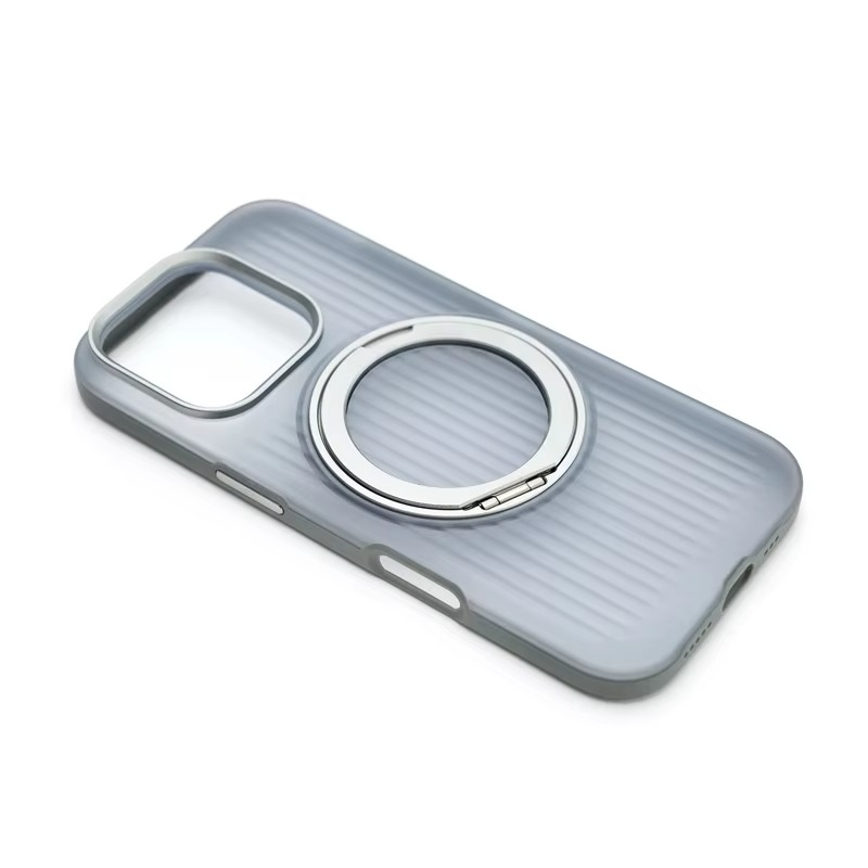 Luxury MagSafe Shockproof iPhone Case — Matte Anti-Fingerprint Plastic Cover with Corrugated Grip Stripes, 360° Rotating Metal Ring Holder, Wireless Charging Compatible
