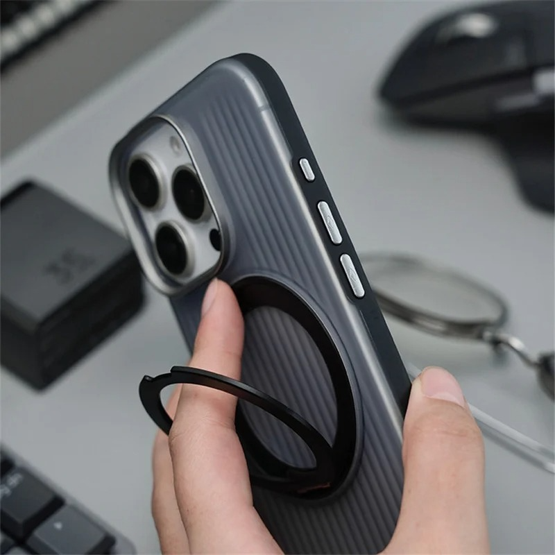 Luxury MagSafe Shockproof iPhone Case — Matte Anti-Fingerprint Plastic Cover with Corrugated Grip Stripes, 360° Rotating Metal Ring Holder, Wireless Charging Compatible
