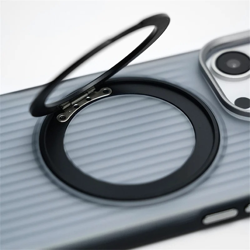 Luxury MagSafe Shockproof iPhone Case — Matte Anti-Fingerprint Plastic Cover with Corrugated Grip Stripes, 360° Rotating Metal Ring Holder, Wireless Charging Compatible